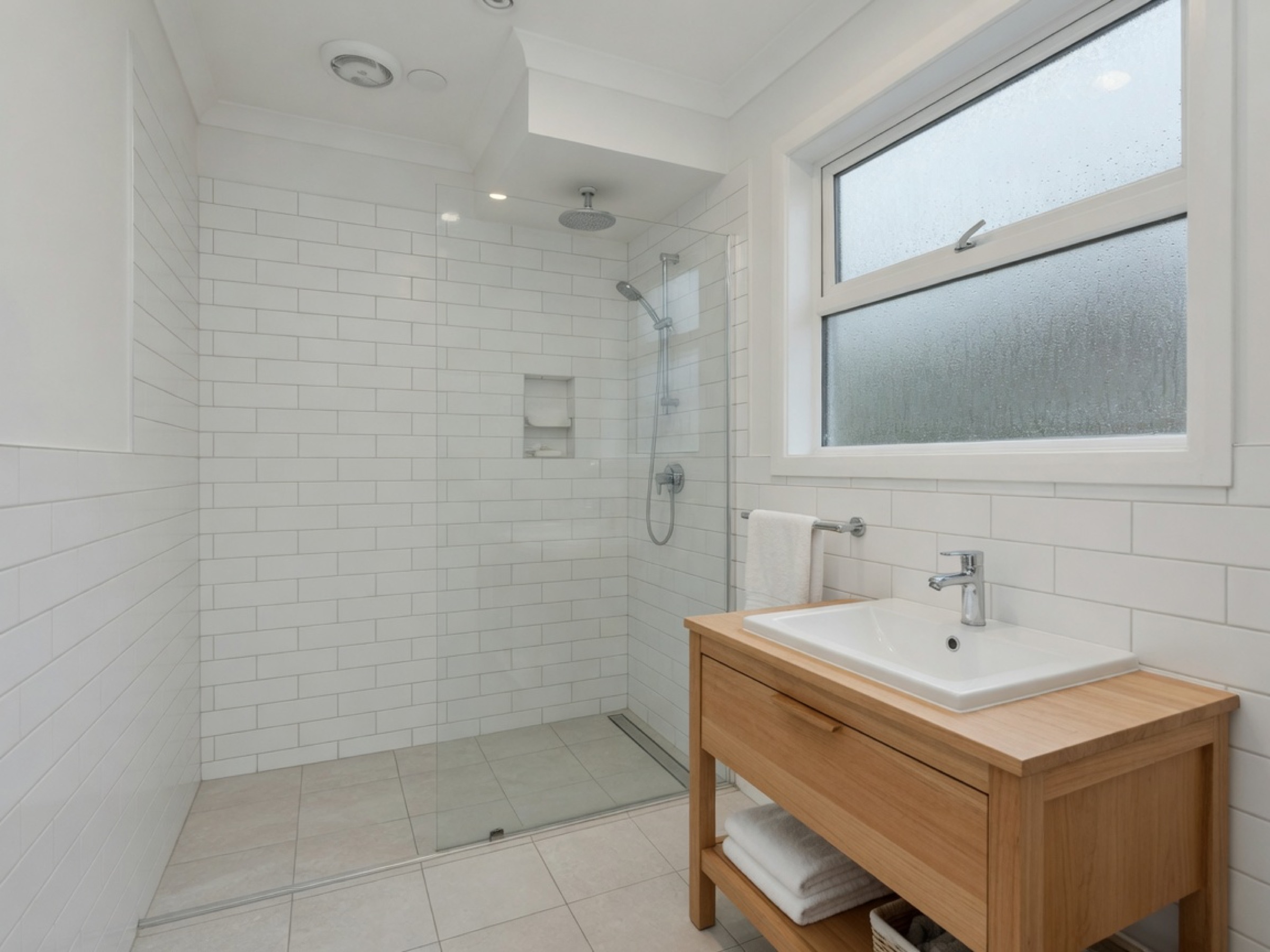 Renovated bathroom in Whakatāne with white subway tiles and oak vanity